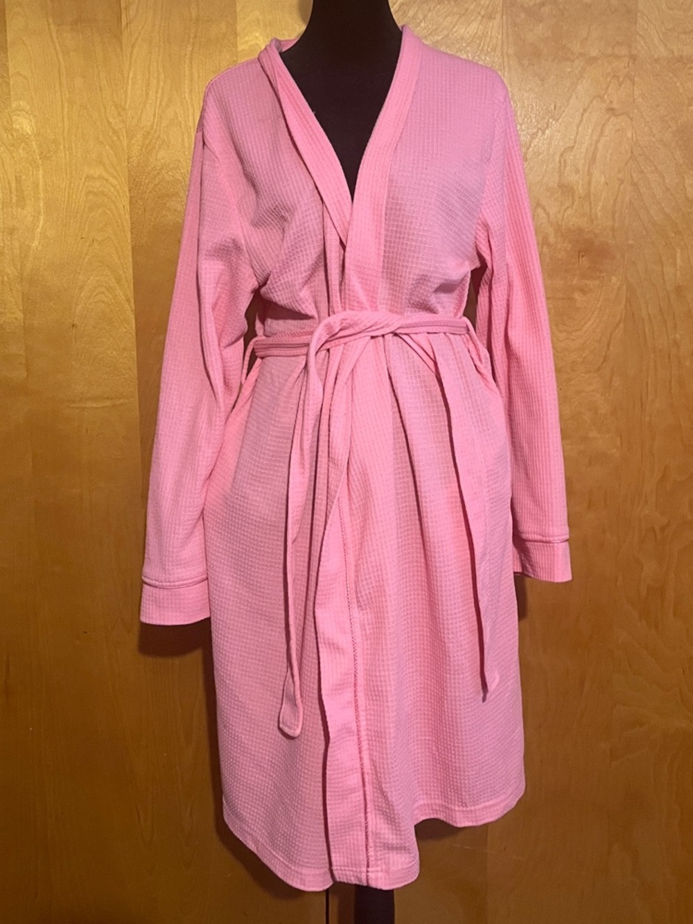 Serra Large Pink Waffle-Knit Robe with Self-Tie Belt